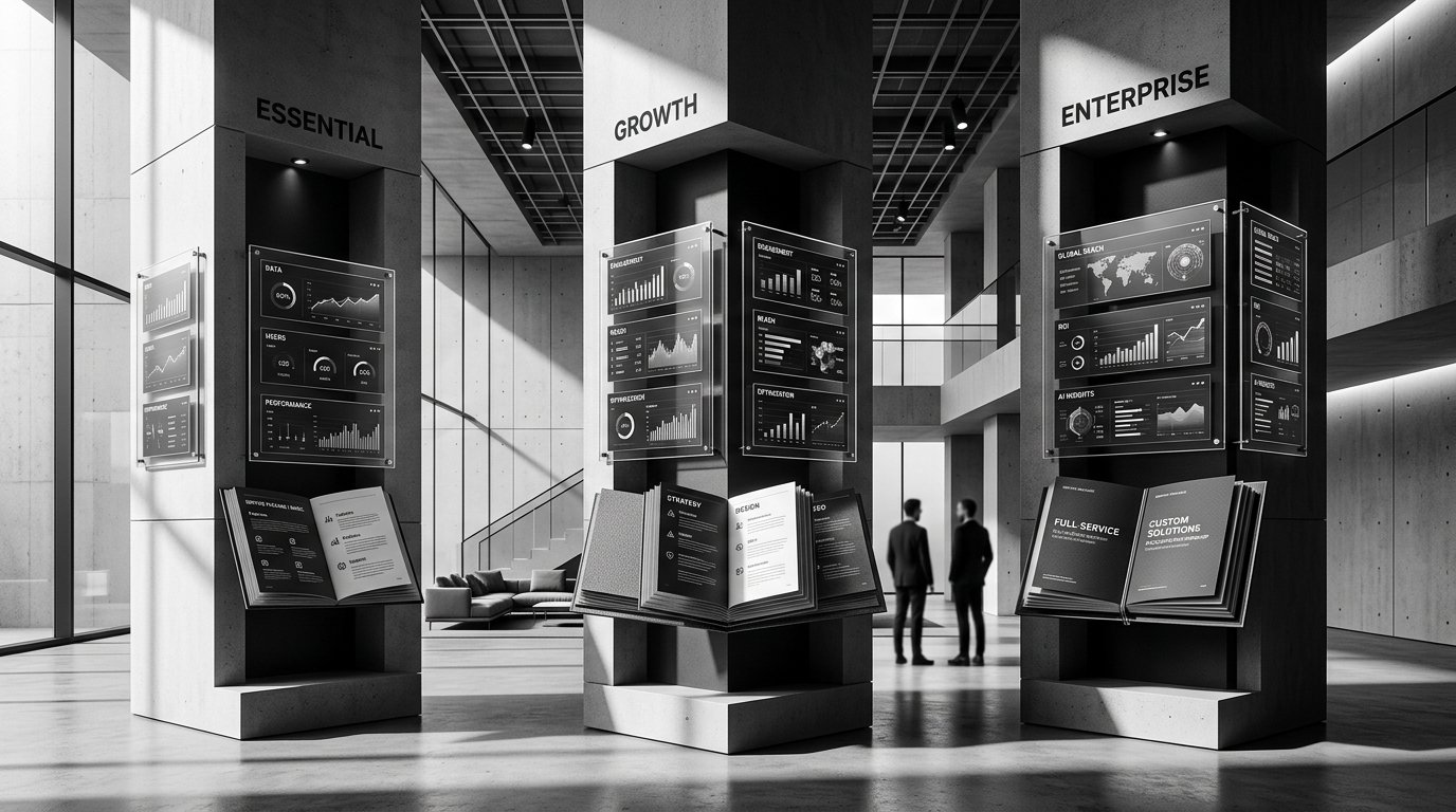 Topee Solutions pricing package architecture in monochrome architectural perspective