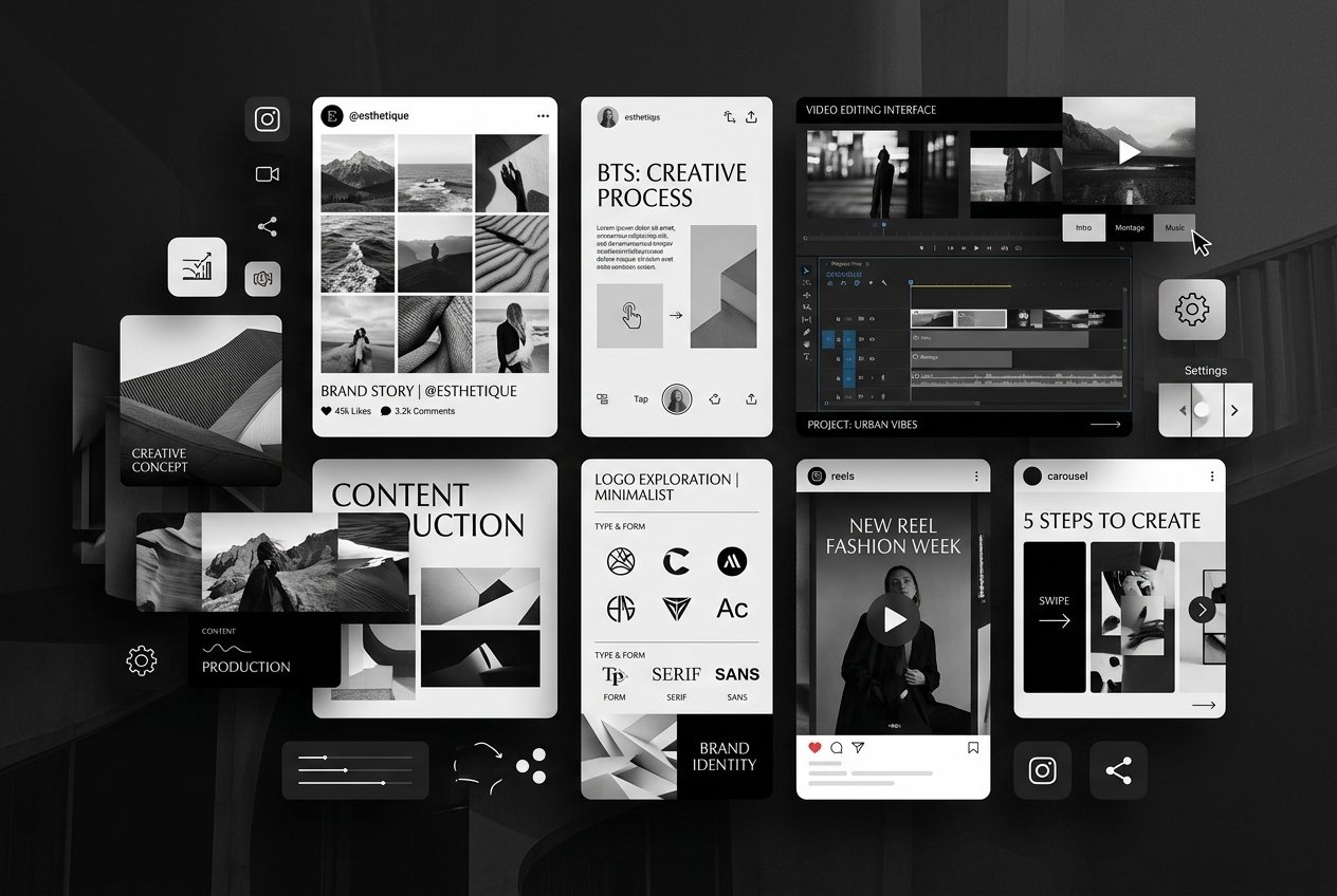 Creative social media graphics and brand assets displayed in a gallery grid