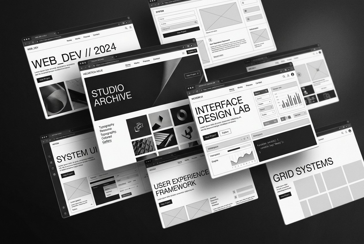 Multiple website interface mockups showing modern web design layouts in grayscale